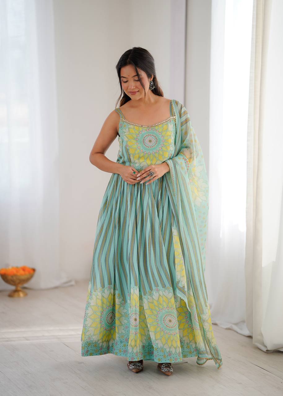 Sunflower Lehriya Printed Gown Set