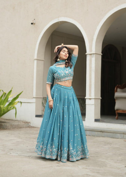 Turquoise Bloom Embroidered Lehenga Set