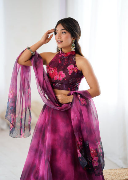 Modern Halter Neck Organza Lehenga Set