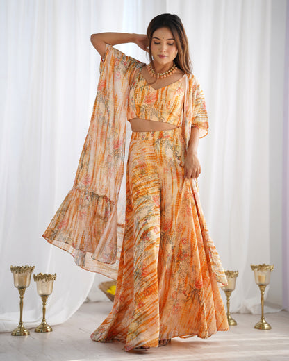 Peach Floral Print Indo Western Shrug Set