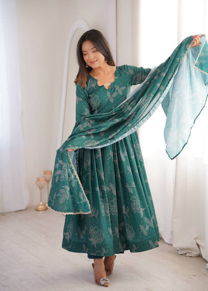 Emerald Green Floral Print Anarkali Set