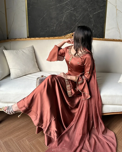 Rust Rose Embroidered Sharara Suit Set