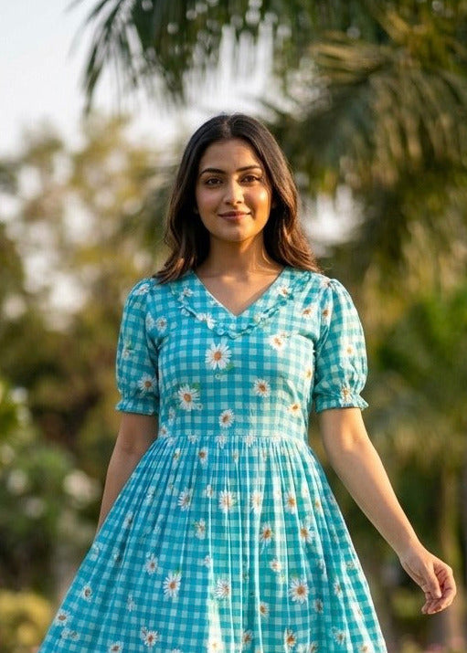 Dreamy Pastel Checked Flare Maxi Dress