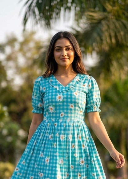 Dreamy Pastel Checked Flare Maxi Dress
