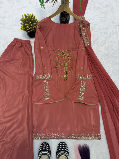 Rust Rose Embroidered Sharara Suit Set