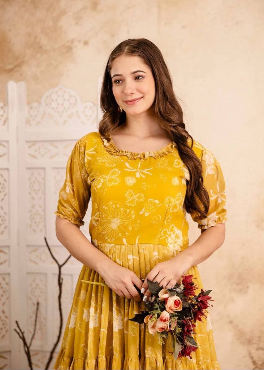 Sunshine Yellow Printed Maxi Gown