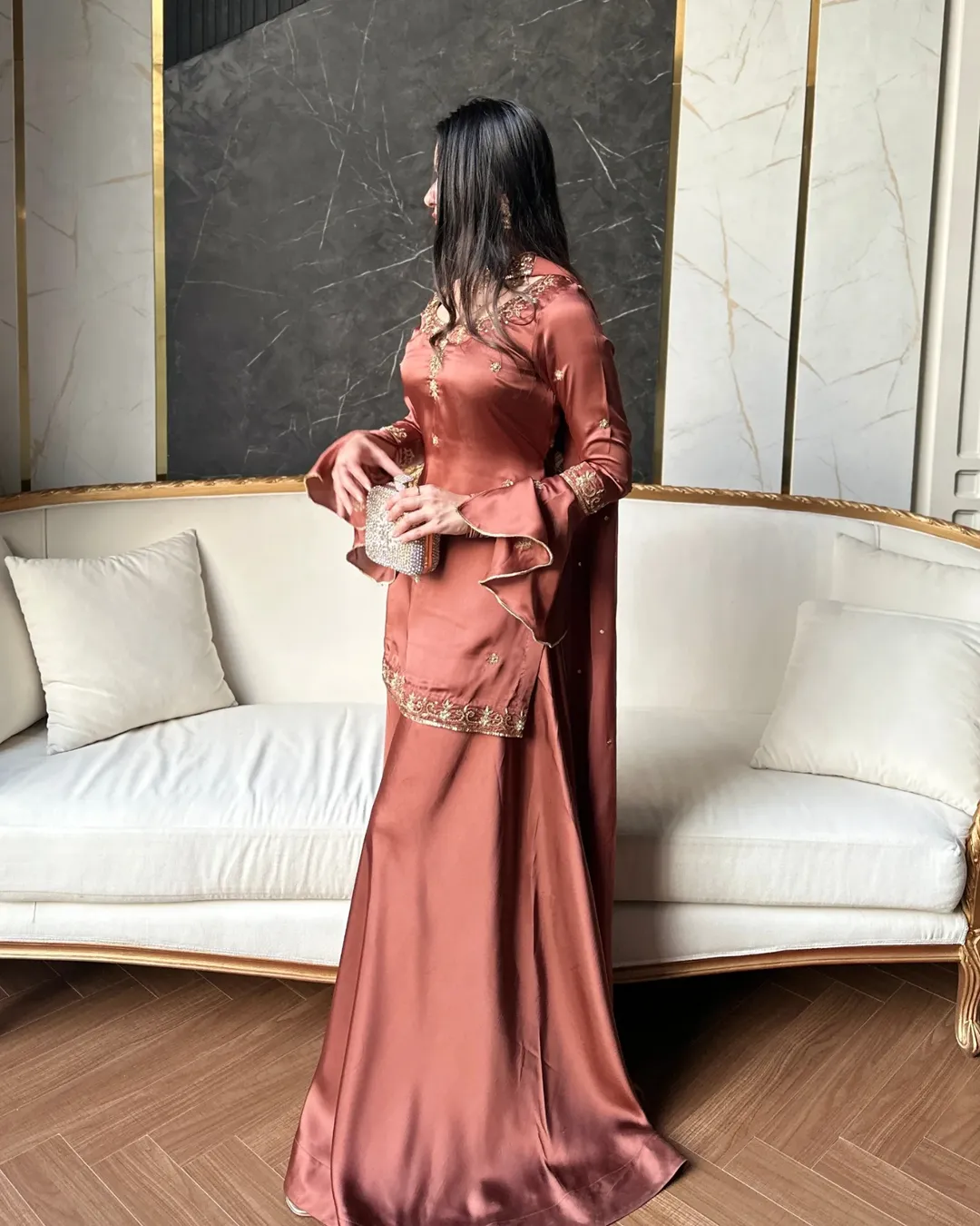 Rust Rose Embroidered Sharara Suit Set