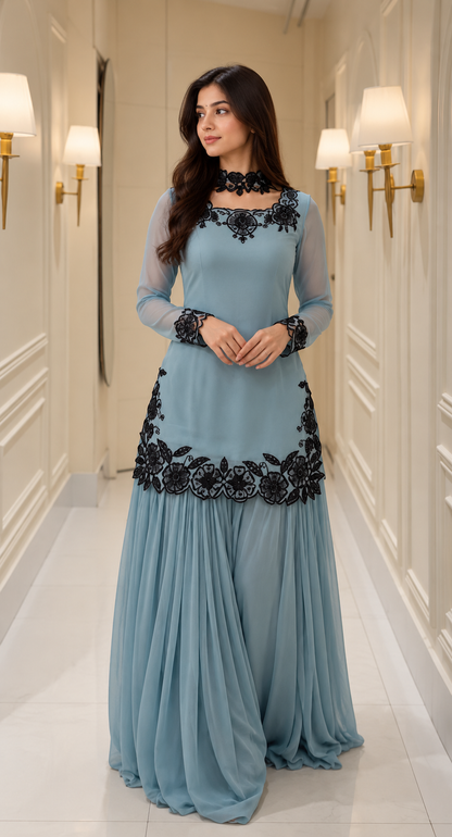 Sky Blue Embroidered Sharara Set