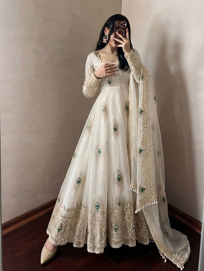 Ivory Peacock Motif Embroidered Gown Set