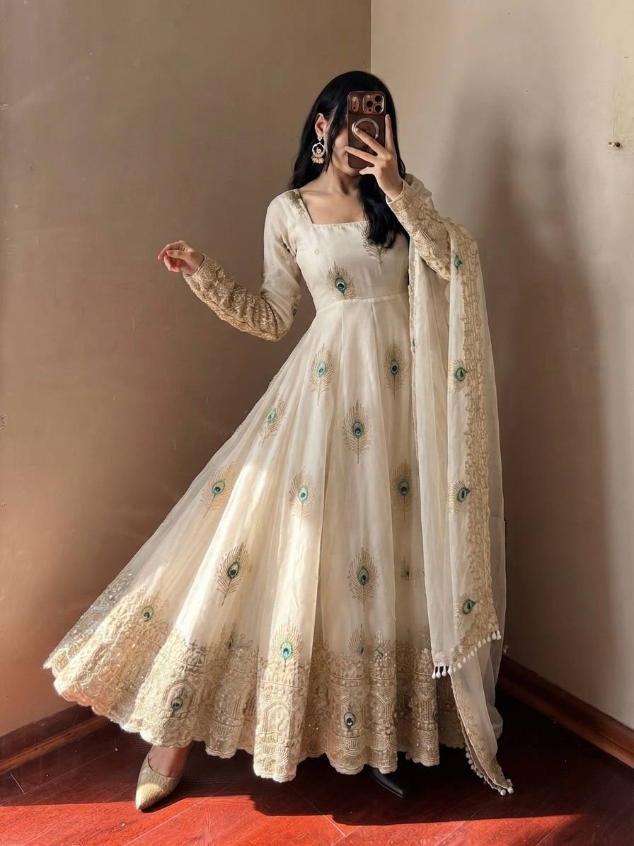 Ivory Peacock Motif Embroidered Gown Set