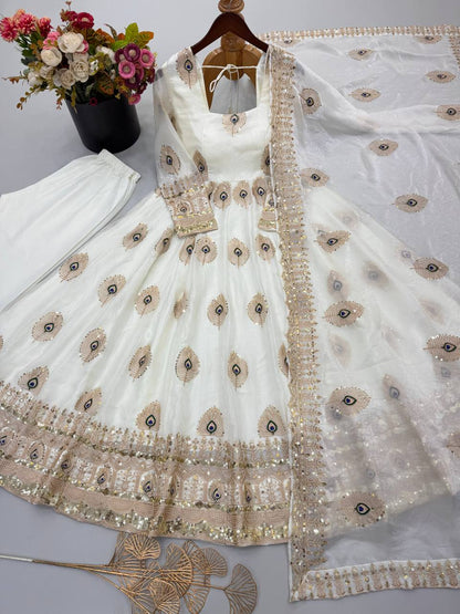 Ivory Peacock Motif Embroidered Gown Set