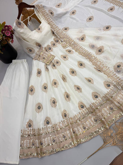 Ivory Peacock Motif Embroidered Gown Set
