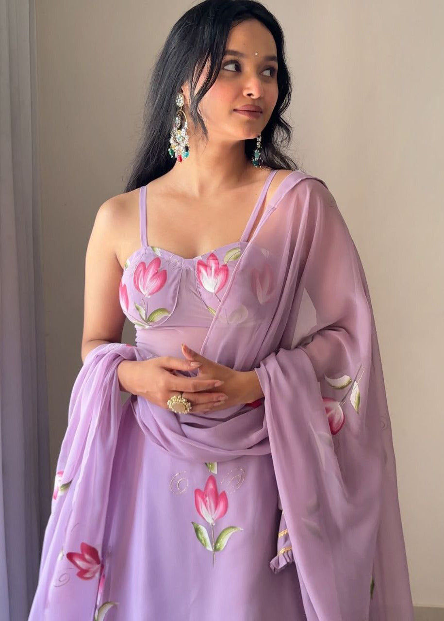 Soft Purple Hand-Painted Lehenga Set