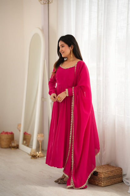 Rani Pink Chanderi Mirror Work Anarkali Set