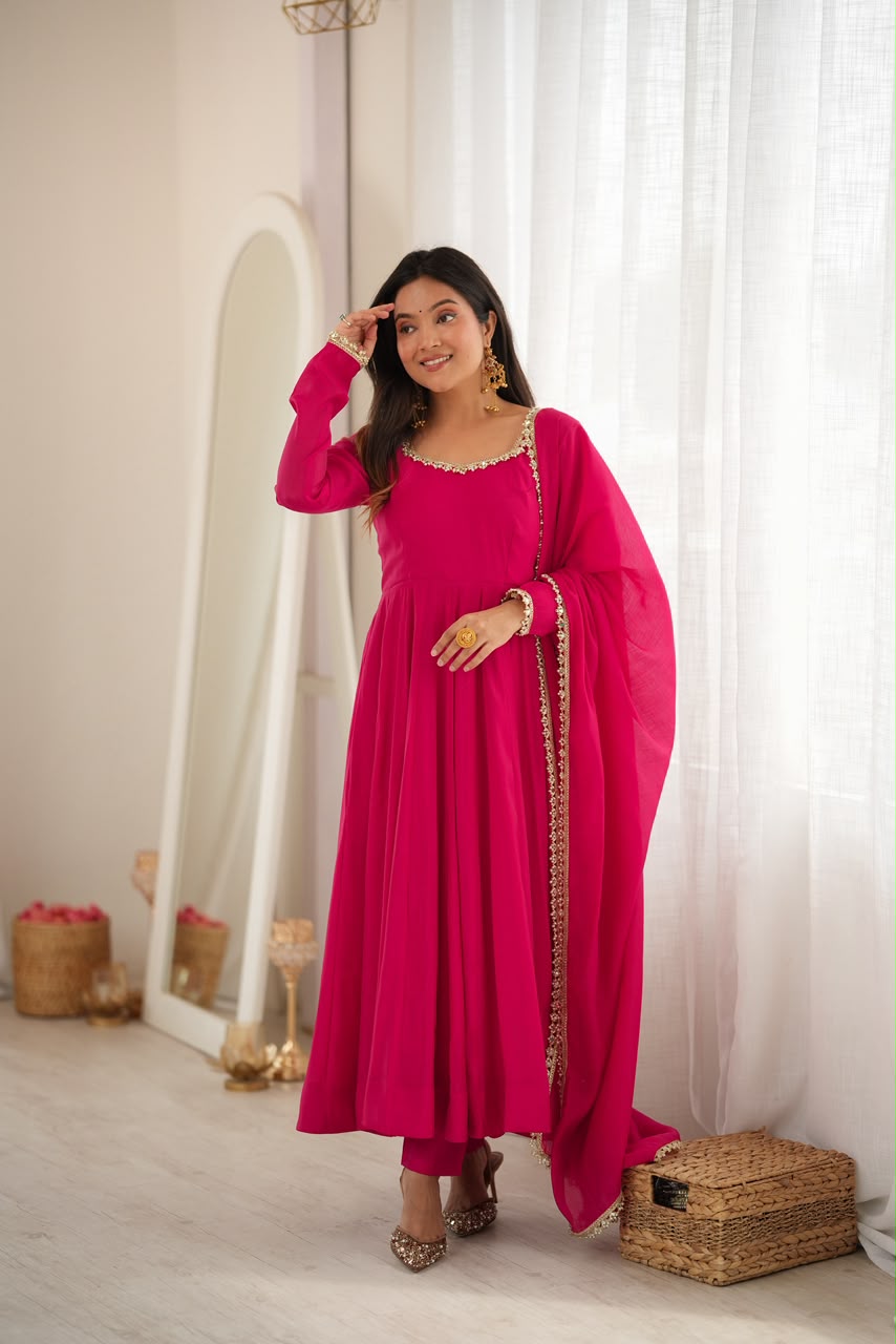 Rani Pink Chanderi Mirror Work Anarkali Set