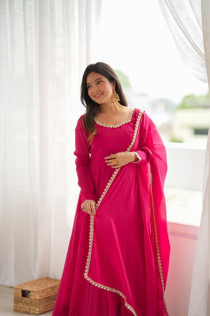 Rani Pink Chanderi Mirror Work Anarkali Set