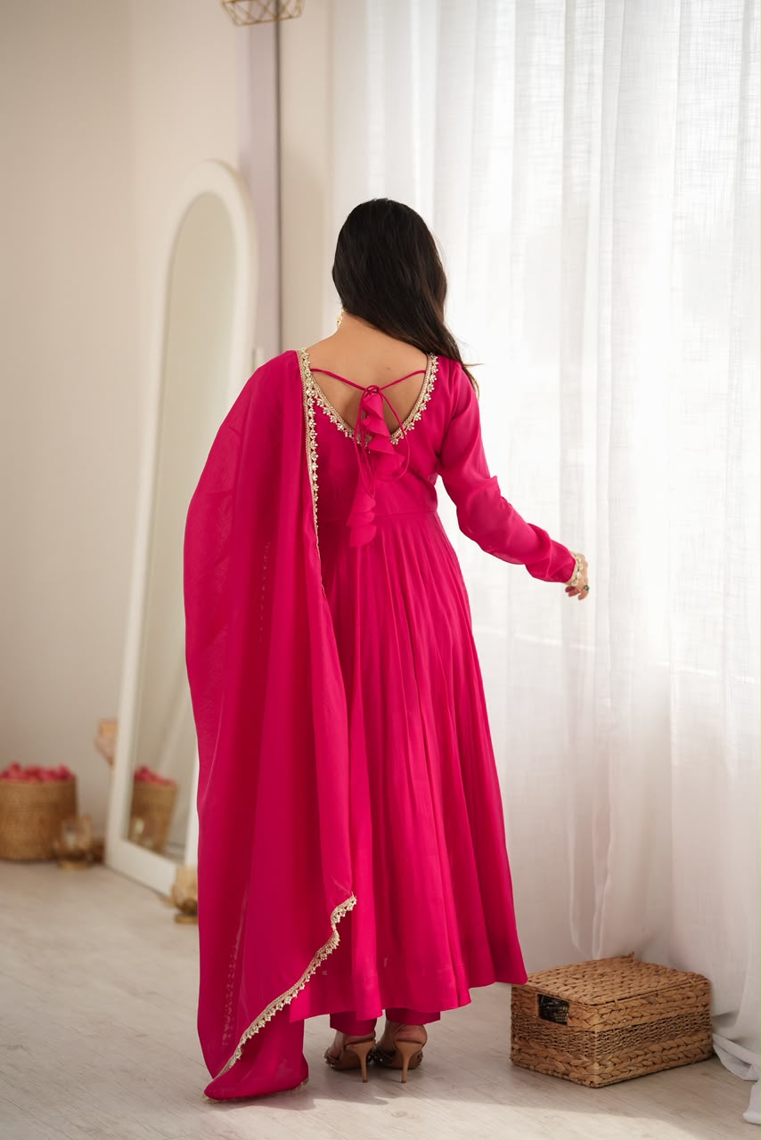 Rani Pink Chanderi Mirror Work Anarkali Set