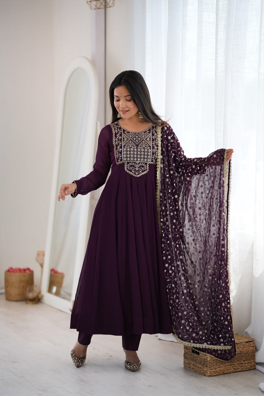 Wine Zari Embroidered Anarkali Set