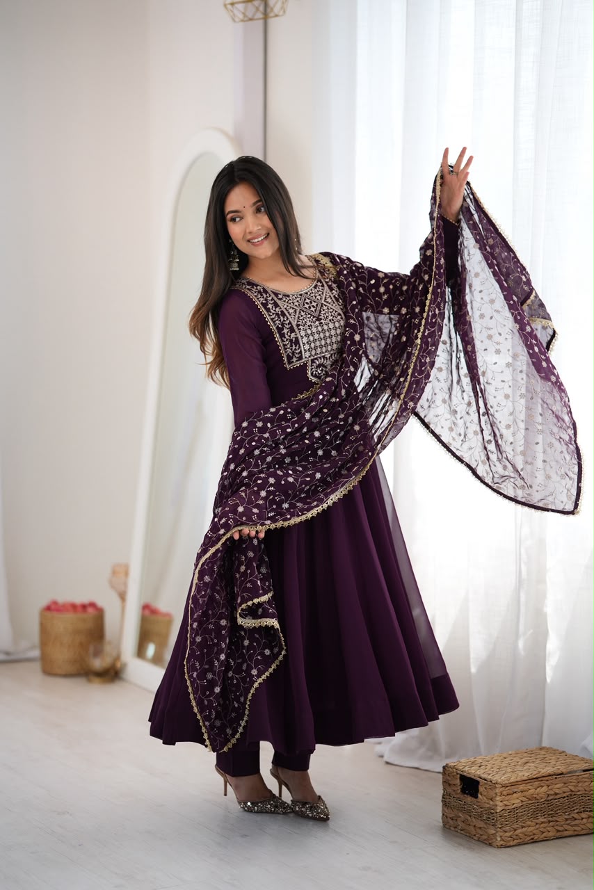 Wine Zari Embroidered Anarkali Set