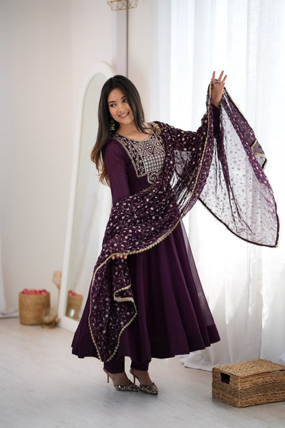 Wine Zari Embroidered Anarkali Set