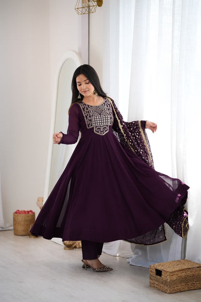 Wine Zari Embroidered Anarkali Set
