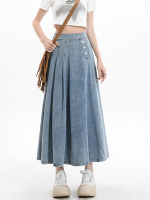 Retro high-waisted denim A-line long skirt