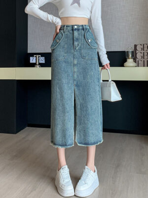 New style denim retro high waist slit straight skirt