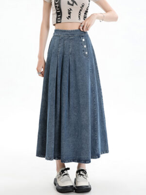 Retro high-waisted denim A-line long skirt