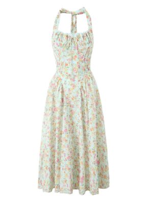 New European Style Lace Splicing Floral Pastel Green Dress